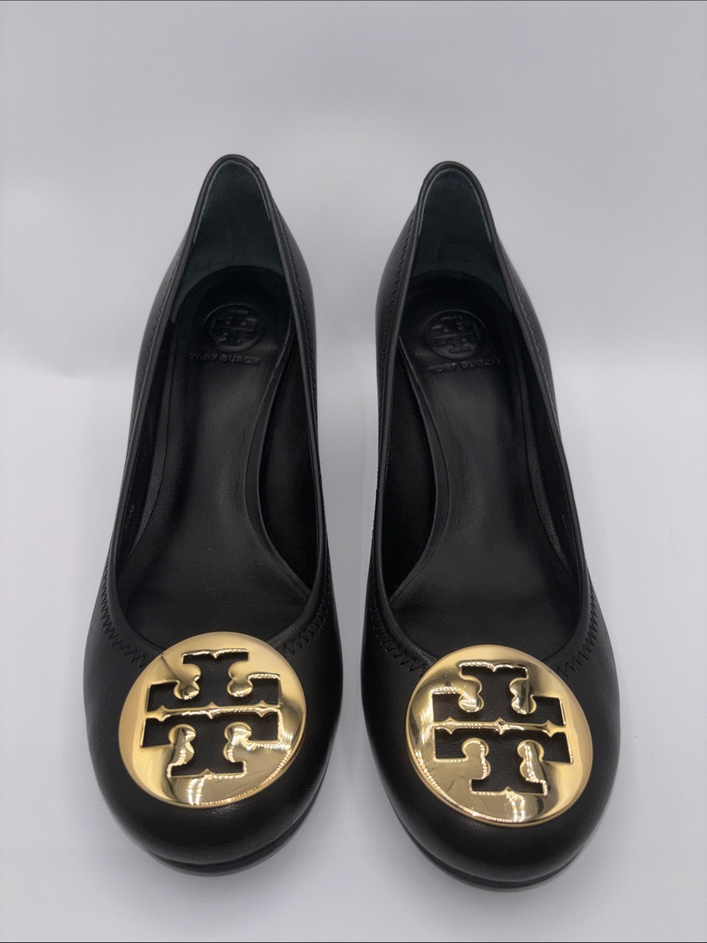 Tory Burch Black Leather Wedges w Gold Emblem